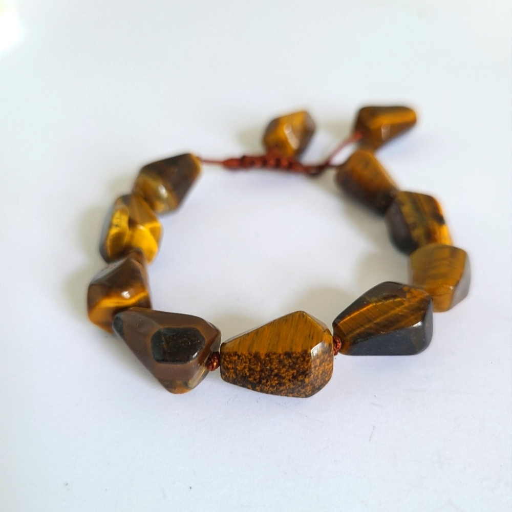 Vintage Boho Chunky Brown Tiger's Eye Gemstone Adjustable Beaded String Bracelet